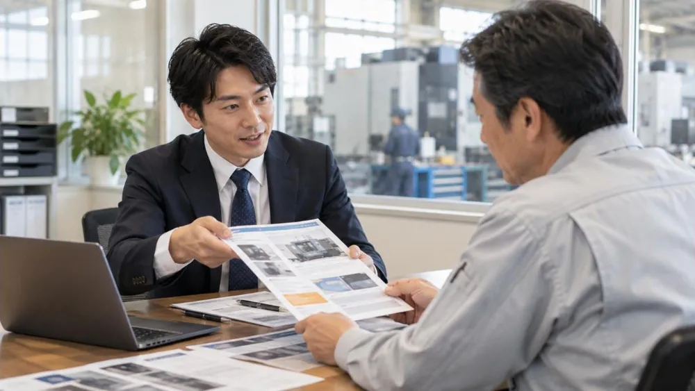チラシを見せて提案する営業担当