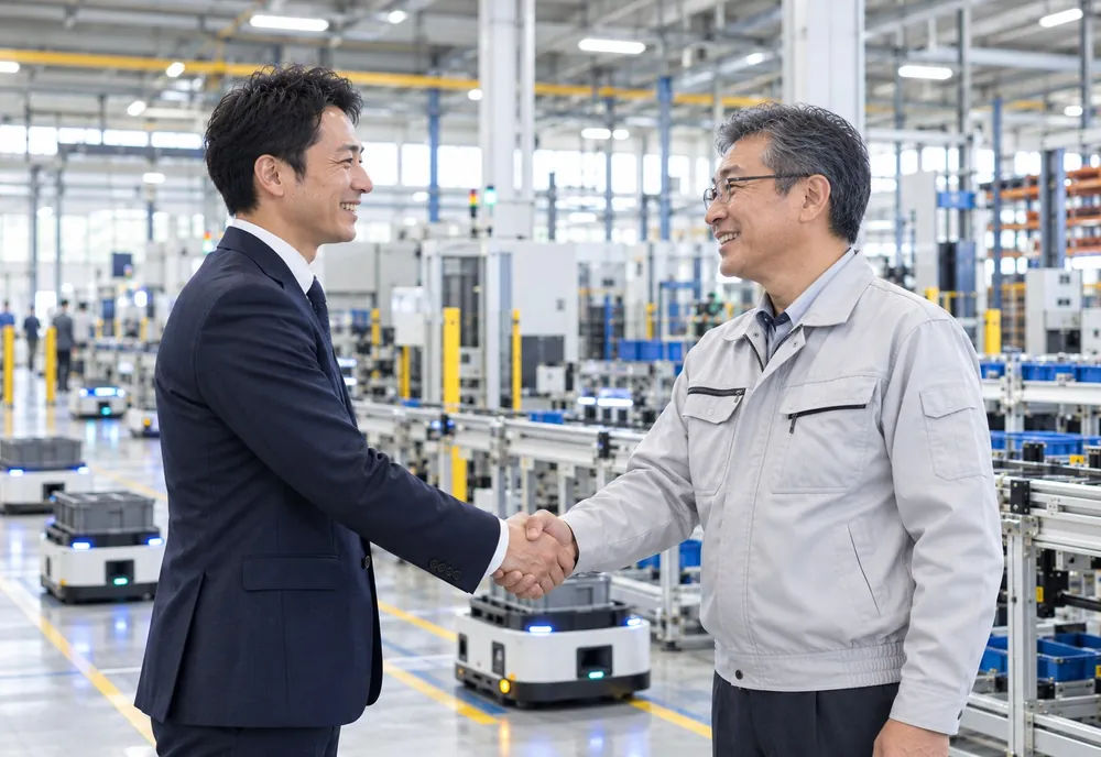 無人搬送車が走る工場で話す営業担当者と経営者
