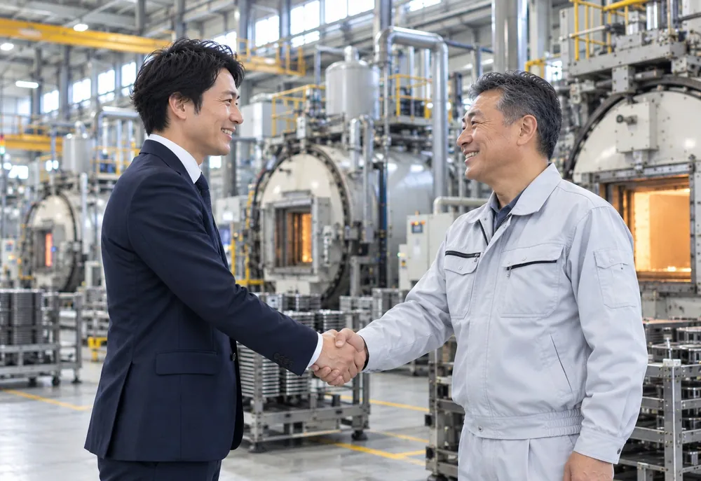 熱処理炉の前で話す営業担当者と工場の経営者
