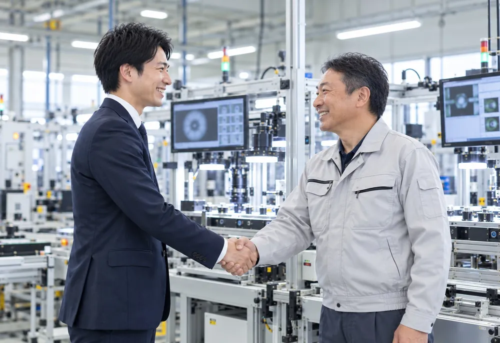 検査装置のモニターを見ながら話す営業担当者と工場の経営者