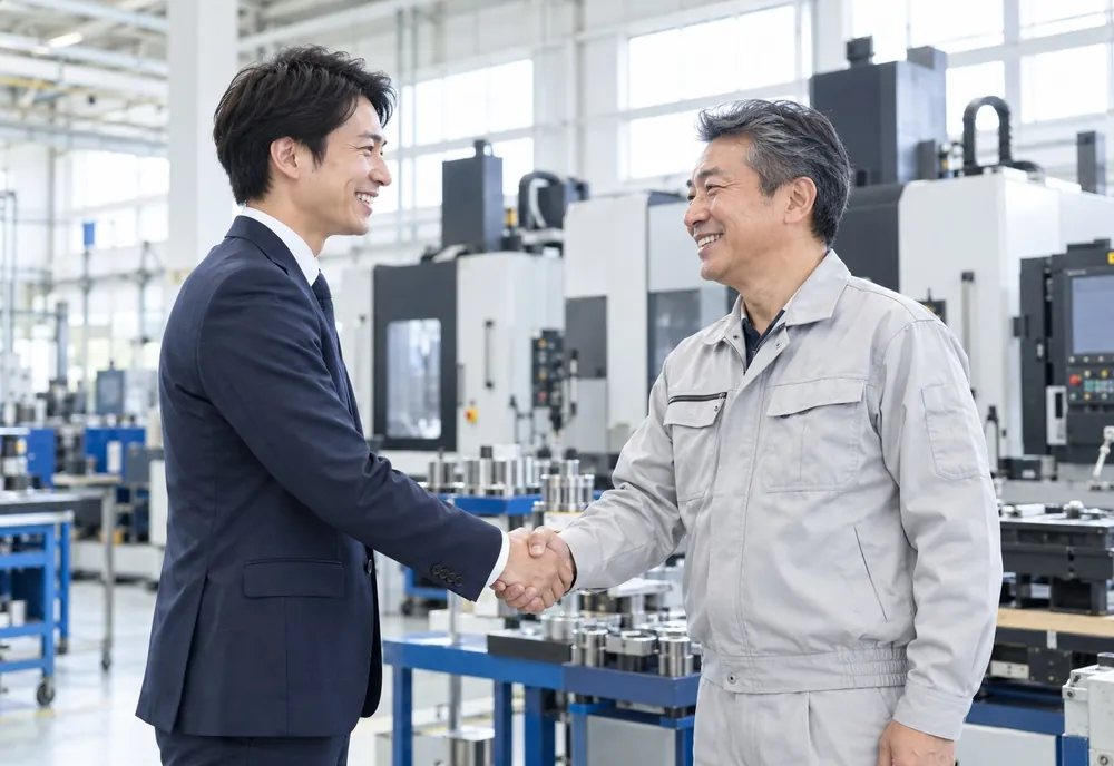工作機械の前で、営業担当者と製造業の経営者が握手している様子