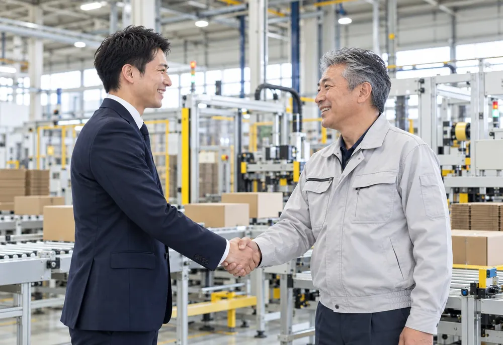 自動梱包ラインの前で話す営業担当者と工場の経営者
