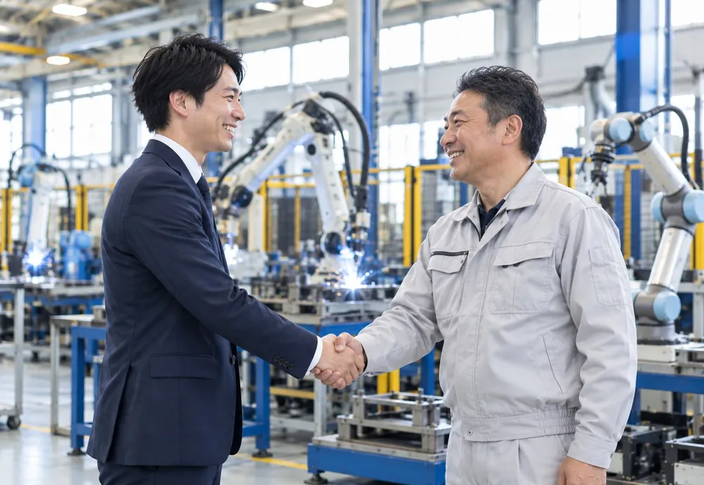 工場で溶接ロボットの横に立つ営業担当者と経営者