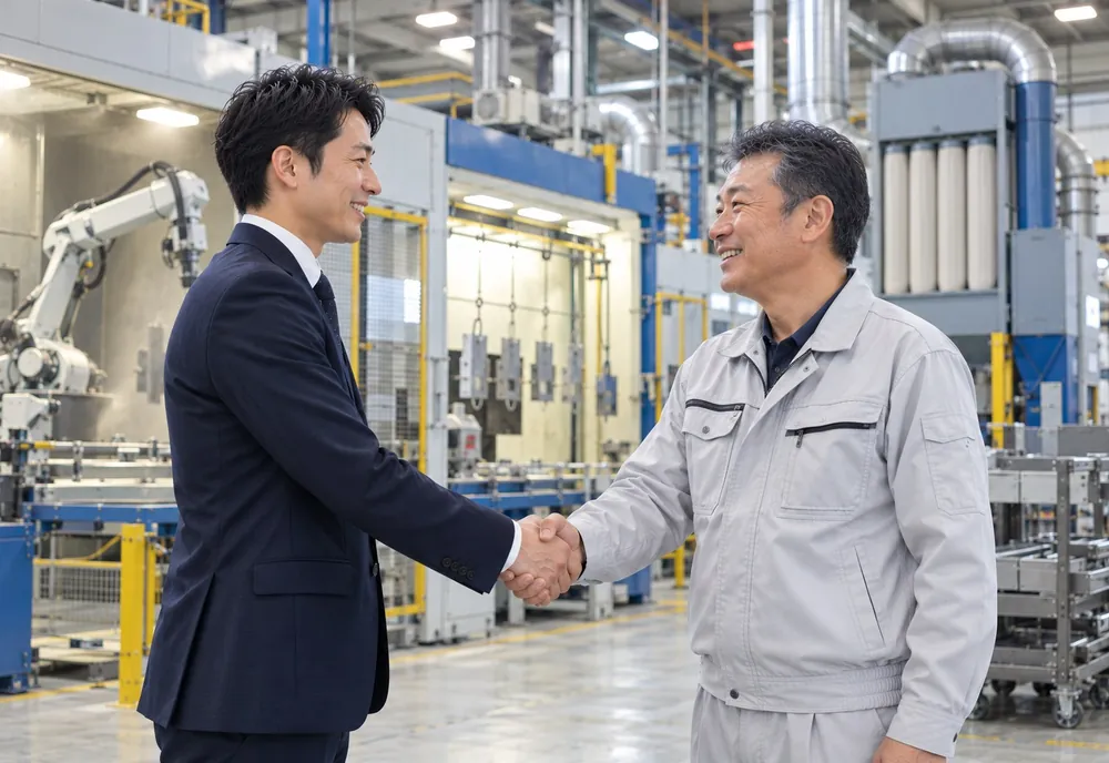 表面処理設備の前で話す営業担当者と工場の経営者