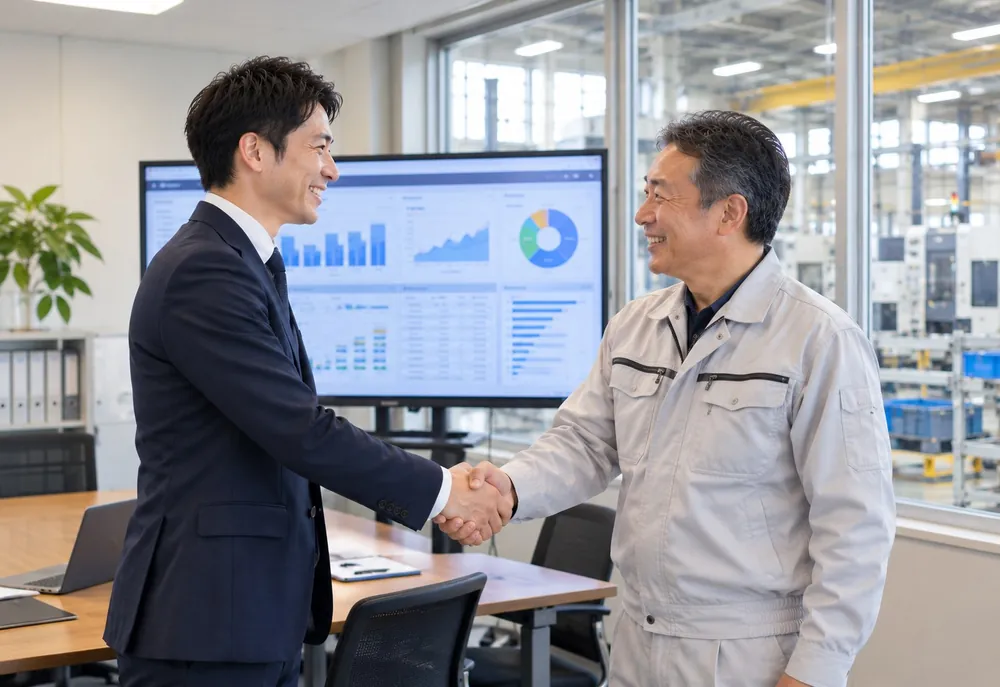 工場の事務所で生産管理システムの画面を見ながら話す営業担当者と経営者