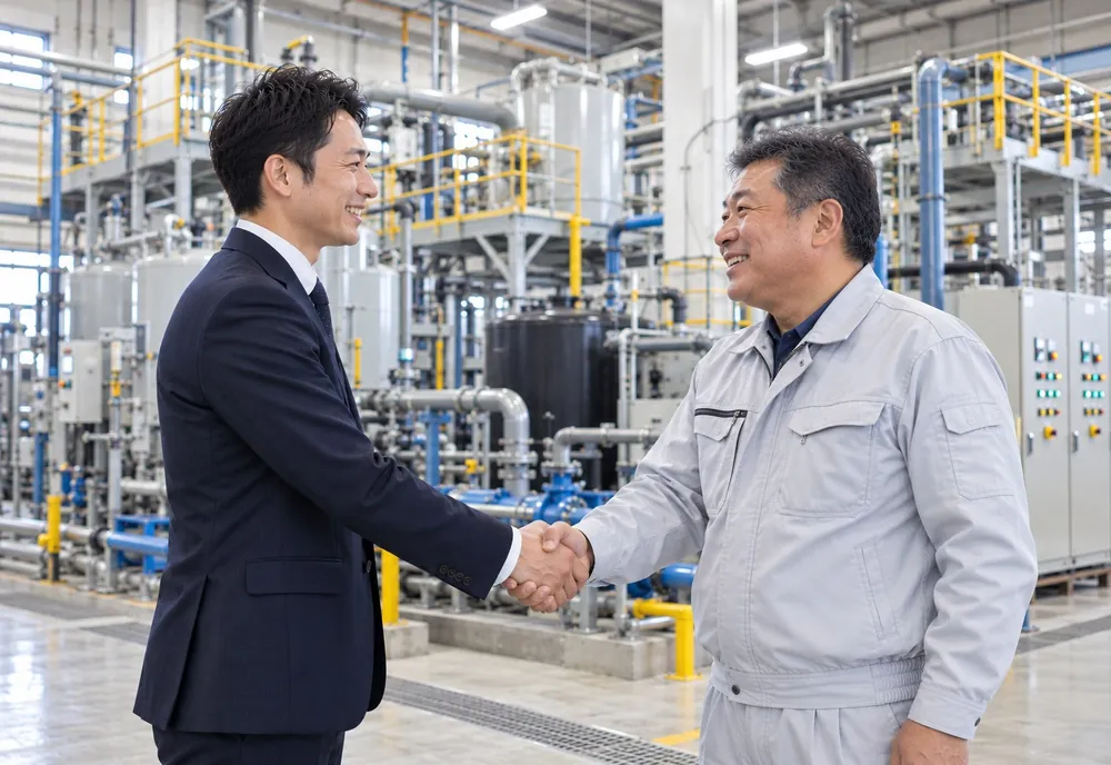 排水処理設備の前で話す営業担当者と工場の経営者