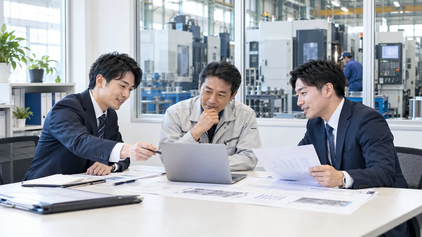 工場の事務所で経営者と計画書をつくるコンサルタント
