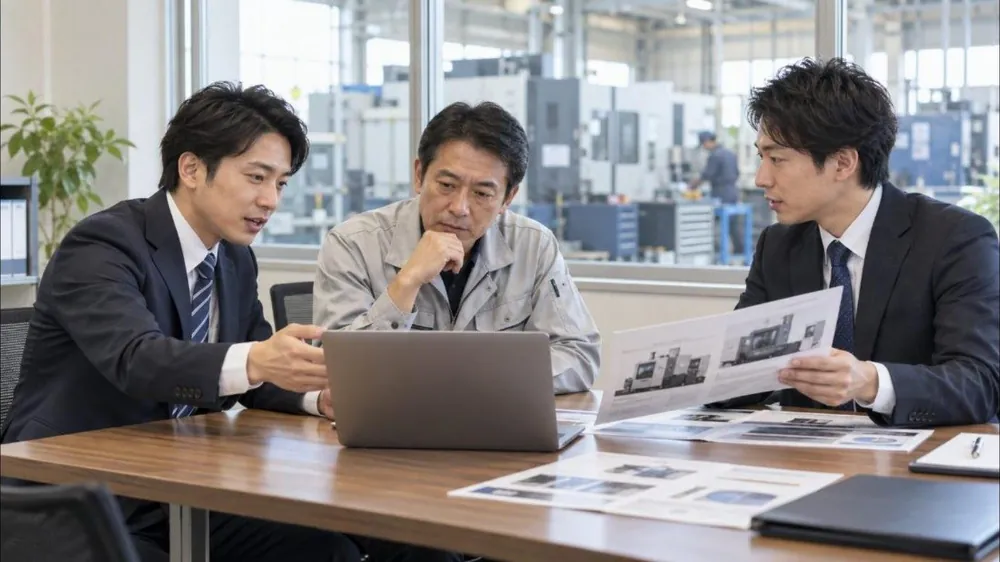 お客様の事務所で3者で打ち合わせをする様子