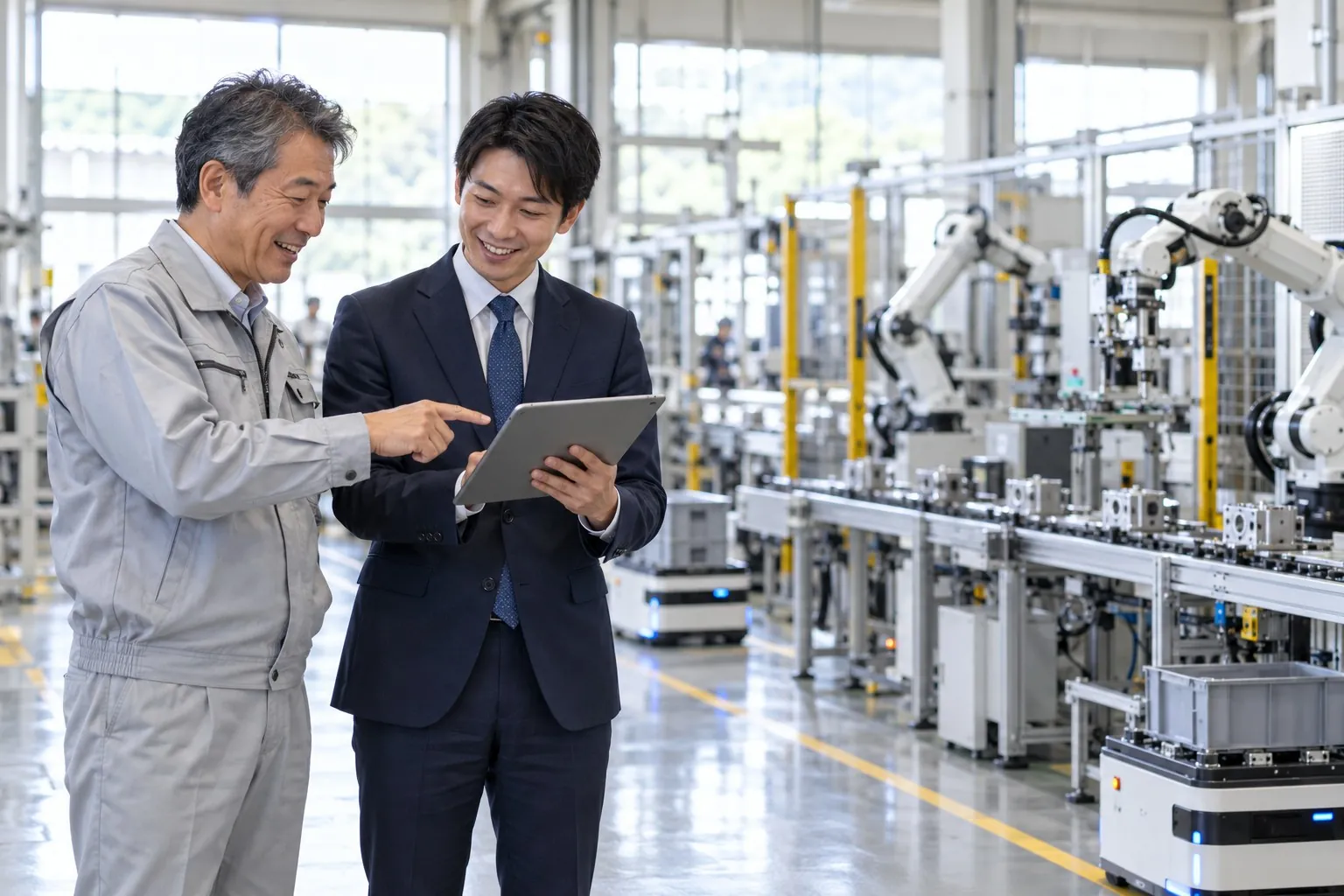 自動化された工場のラインを、経営者とコンサルタントが一緒に見ている様子