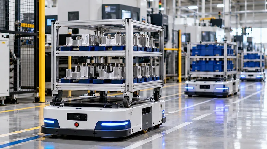 工場内で部品を運ぶ自律走行搬送ロボット