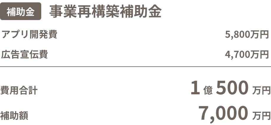 事業再構築補助金 アプリ開発費5,800万円 広告宣伝費4,700万円 費用合計1億500万円 補助額7,000万円